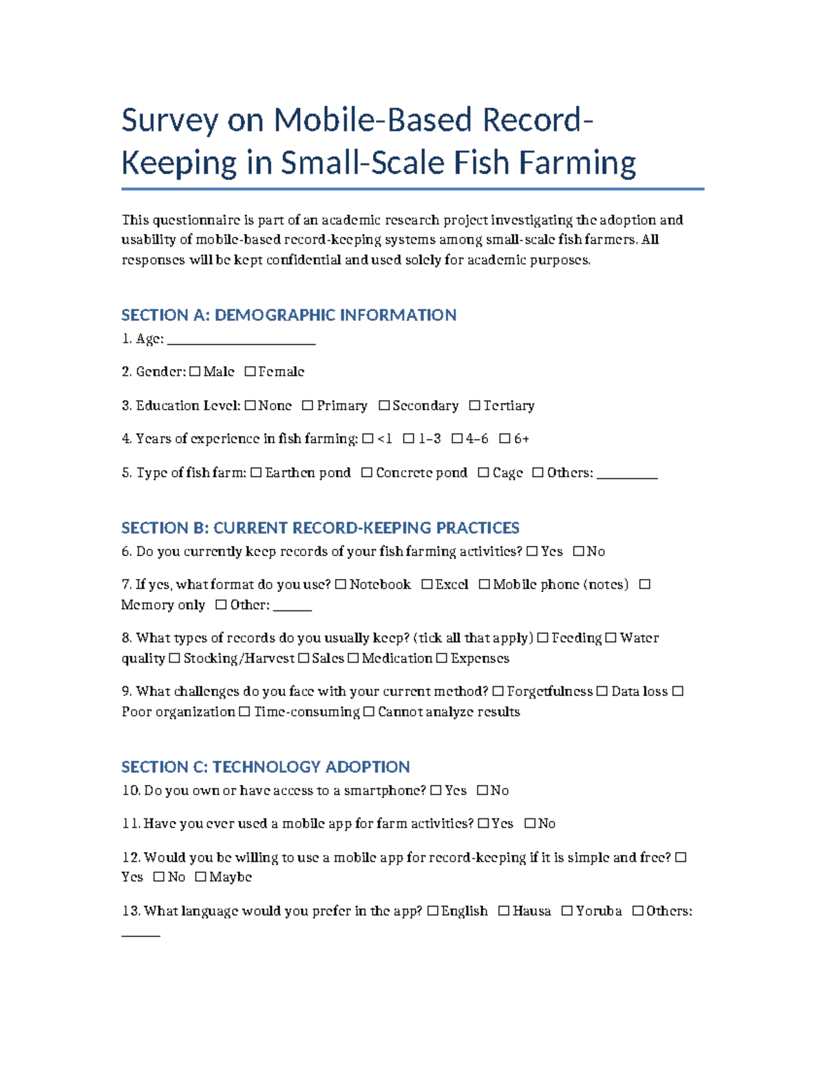 Fish Farming Record Keeping Questionnaire: Survey Insights - Studocu