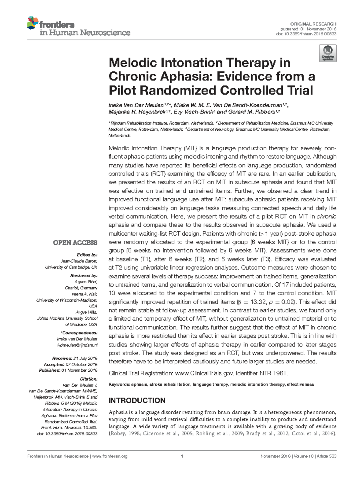 Melodic Intonation Therapy in Chronic Aphasia: A Pilot RCT Study - Studocu