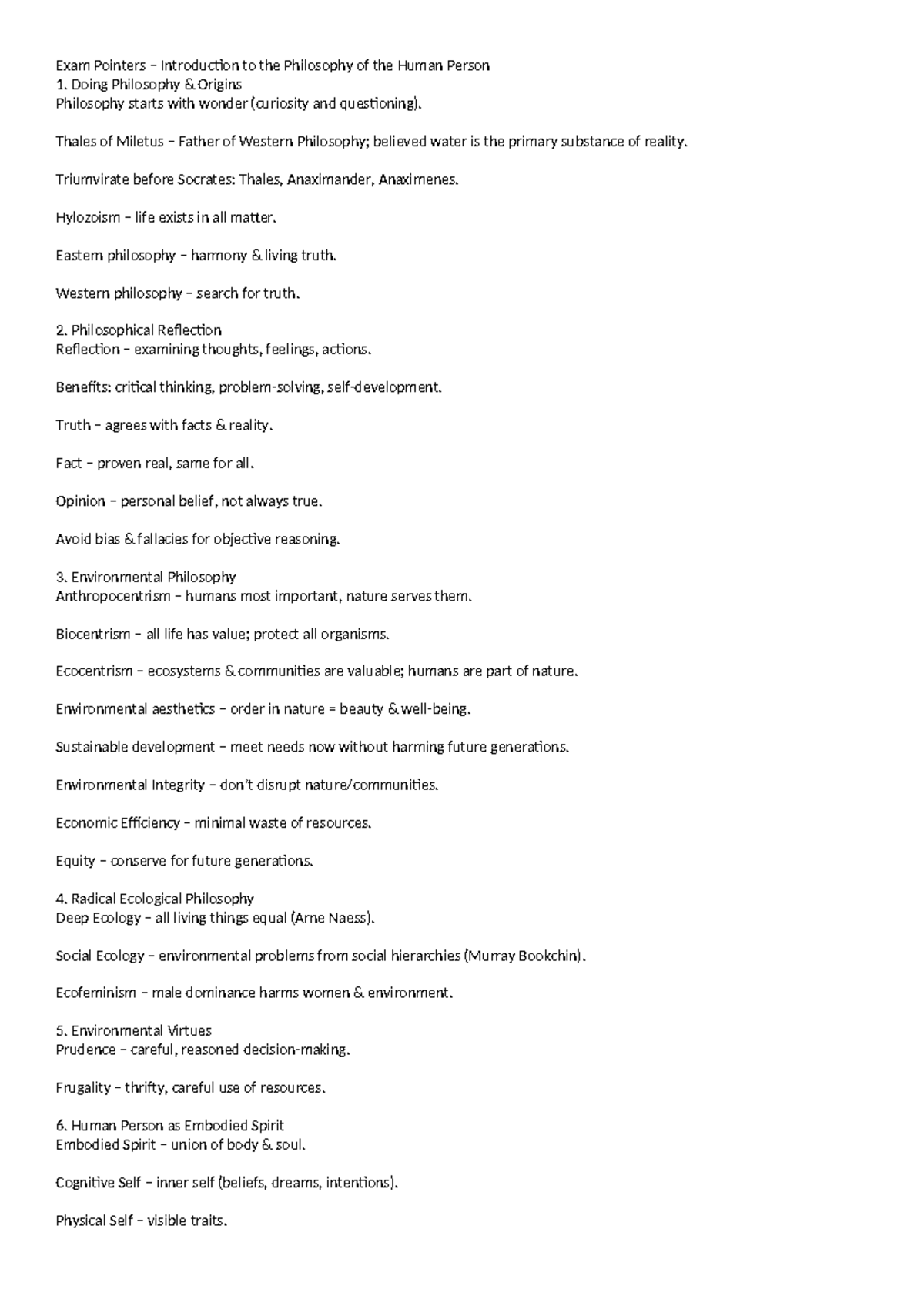 Exam Pointers: Intro to Philosophy of the Human Person 1 - Studocu