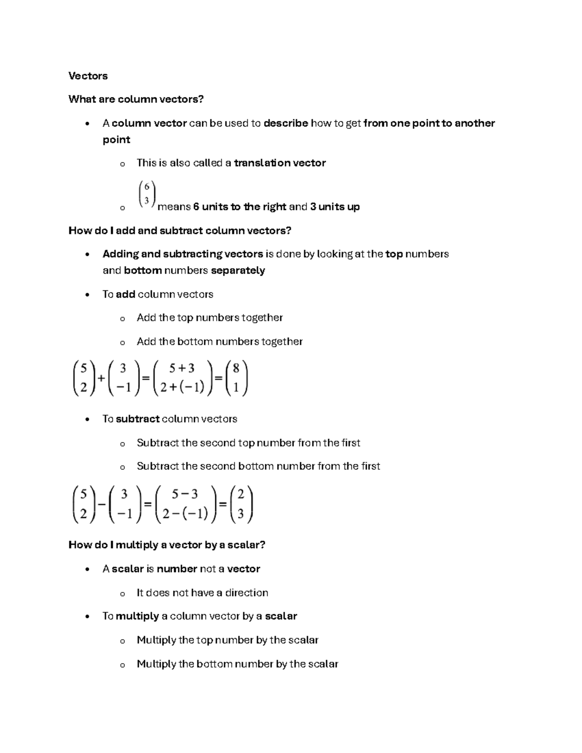 Vectors - Lecture Notes on Column Vectors and Operations - Studocu