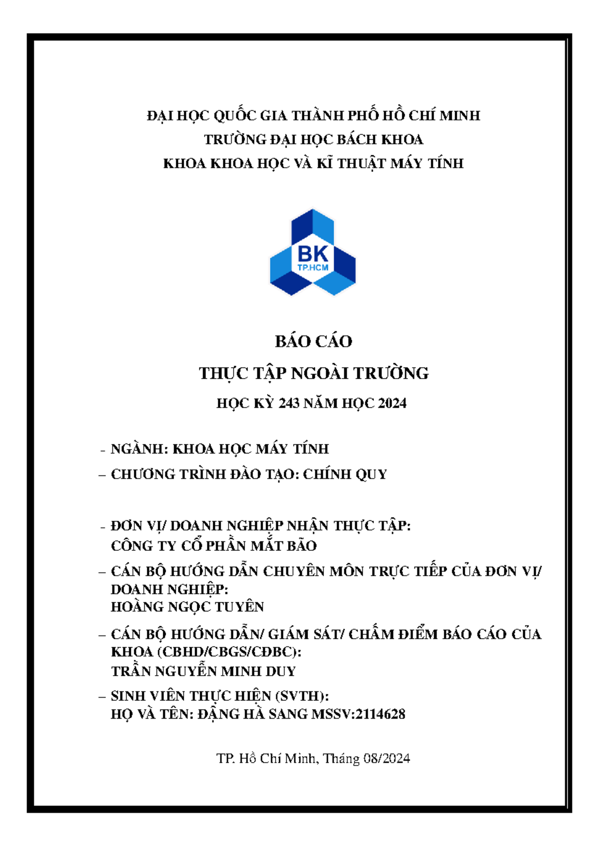 Báo cáo Thực tập Ngoài Trường HK243 - Sinh viên Đặng Hà Sang (MSSV: 2114628) - Document Preview