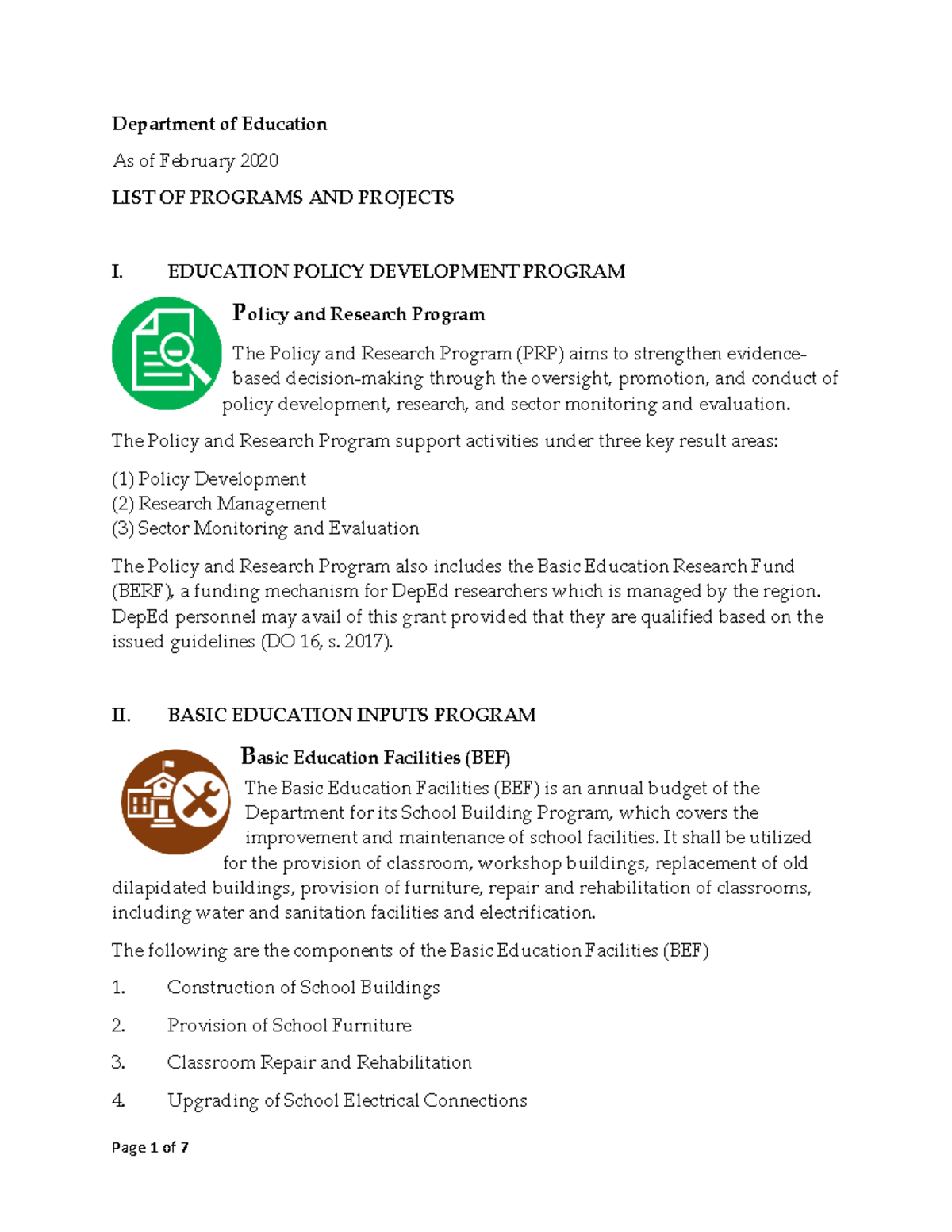 List of Programs and Projects as of February 20 - Department of ...