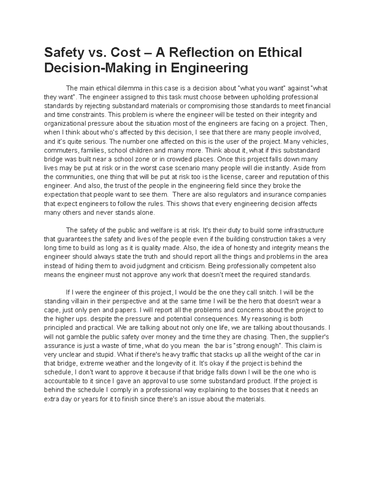 Safety vs. Cost: Ethical Dilemmas in Engineering (ENG 101) - Studocu