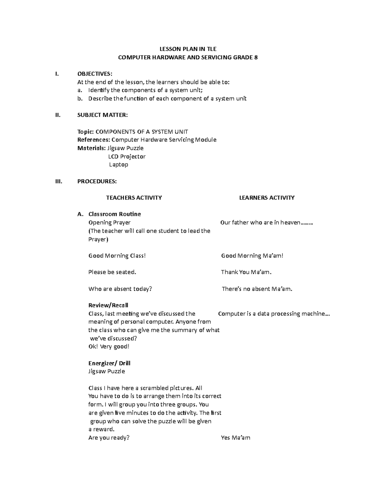 TLE 8: Lesson Plan on Computer Hardware Components and Activities - Studocu
