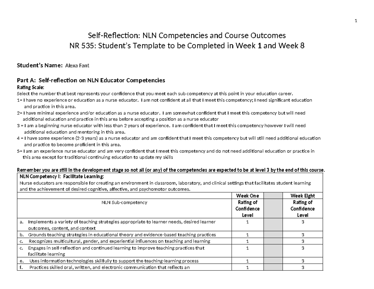 NR535 Self-Reflection: NLN Competencies & COs Week 8 Progress - Studocu