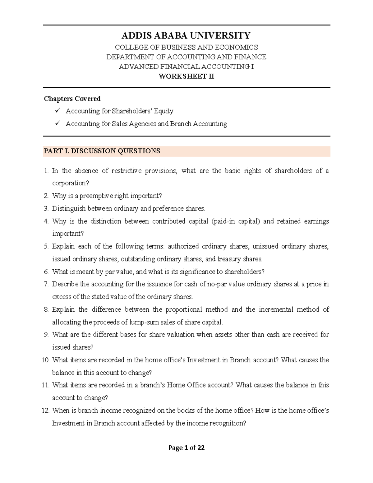 AFA I Worksheet II - Advanced Financial Accounting Discussion Questions ...