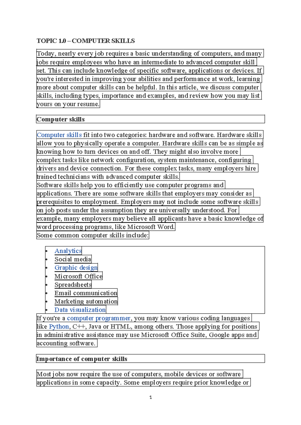 Topic 1.0 – Computer Skills - TOPIC 1 – COMPUTER SKILLS Today, nearly ...
