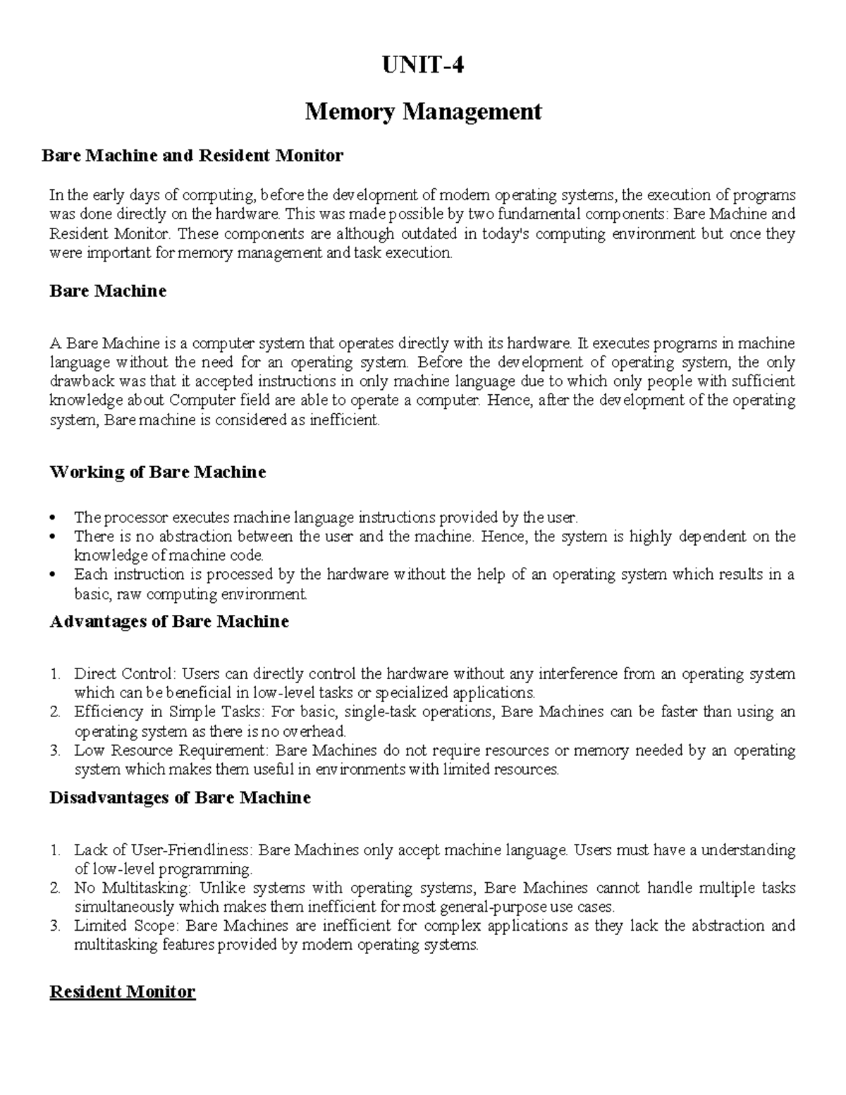 UNOT-4 OS Memory Management: Bare Machine & Resident Monitor Insights ...