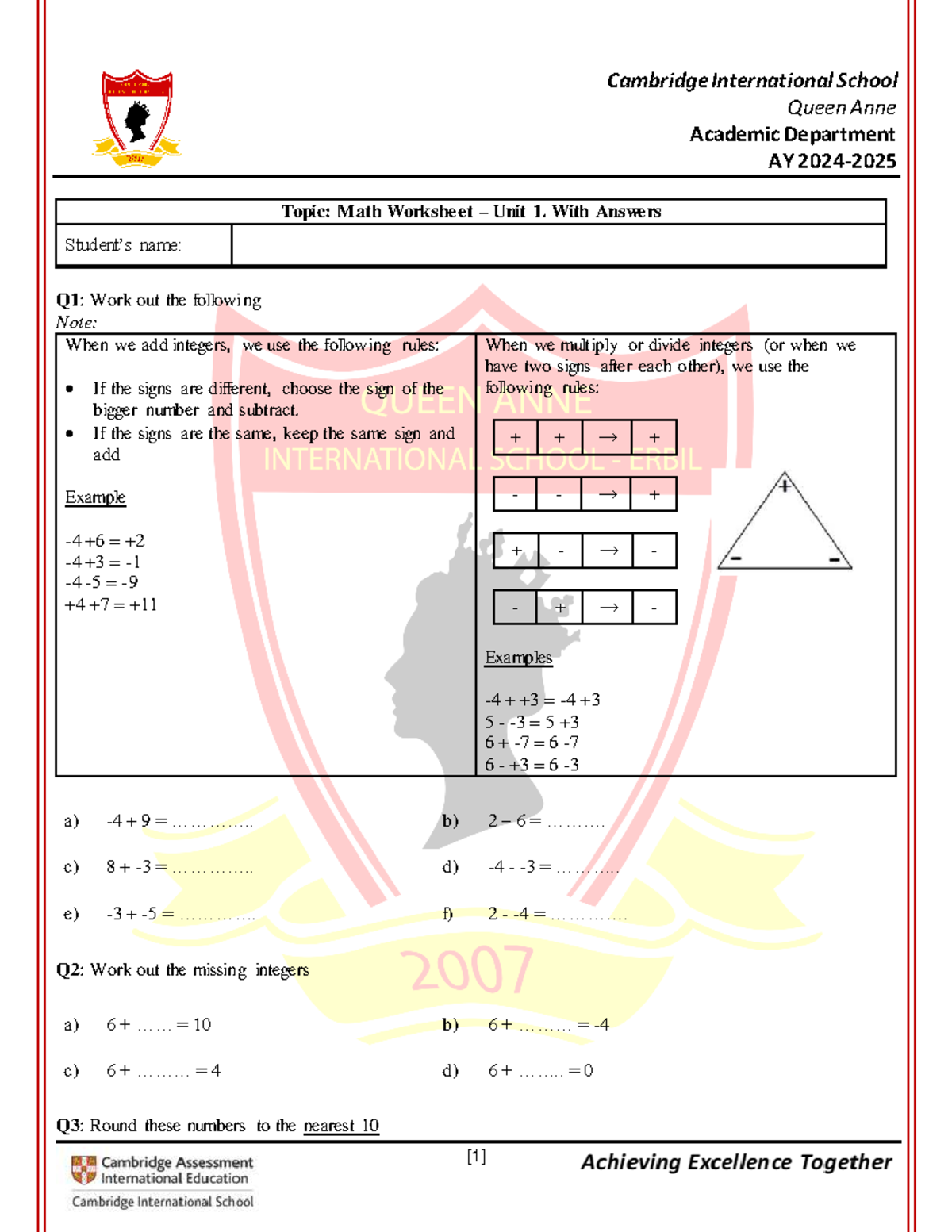 Grade 7 Math Worksheet Unit 1 with Answers - Cambridge International ...