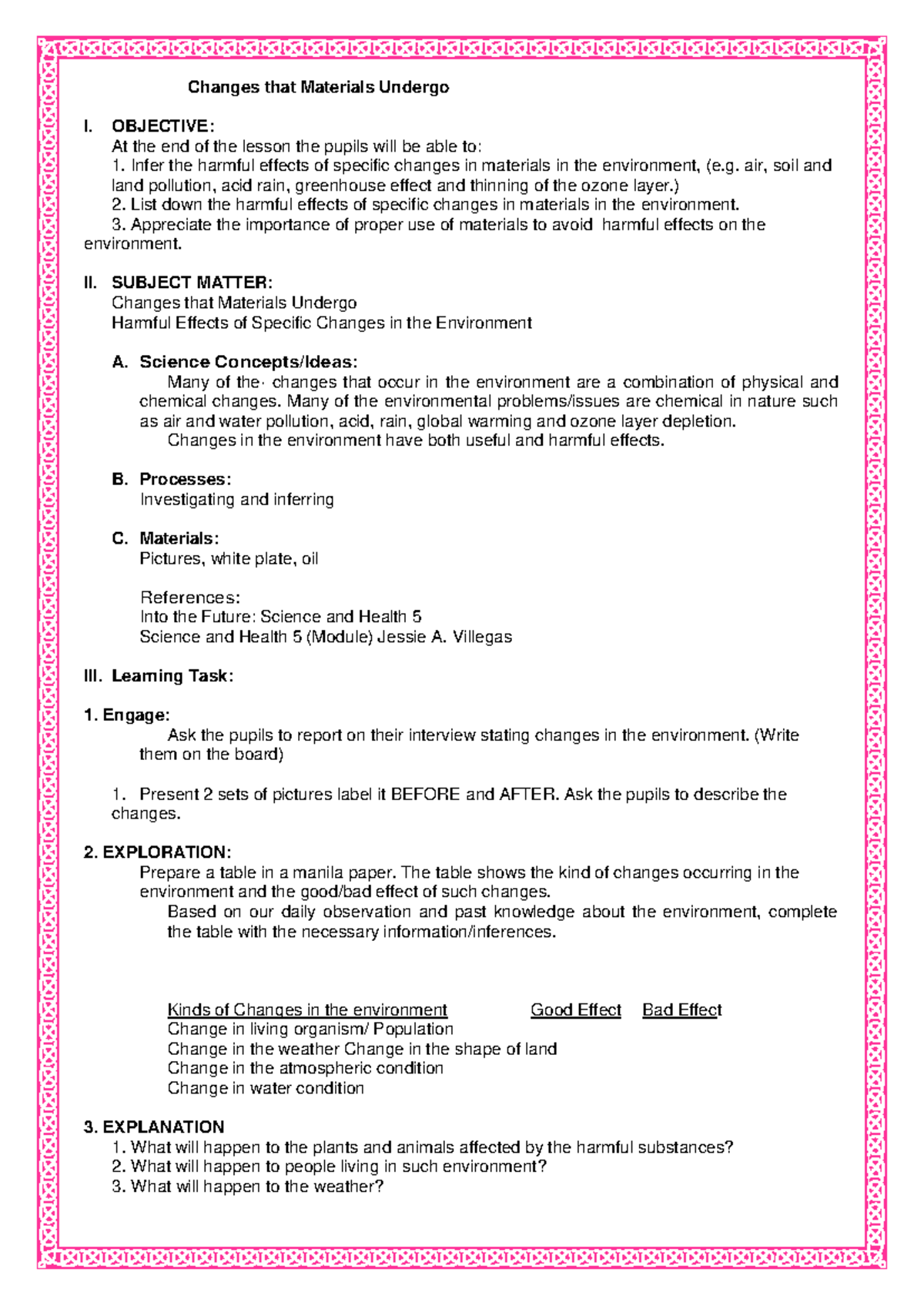 FQ1LC2 D19 - Lesson Plan on Environmental Changes and Effects - Studocu