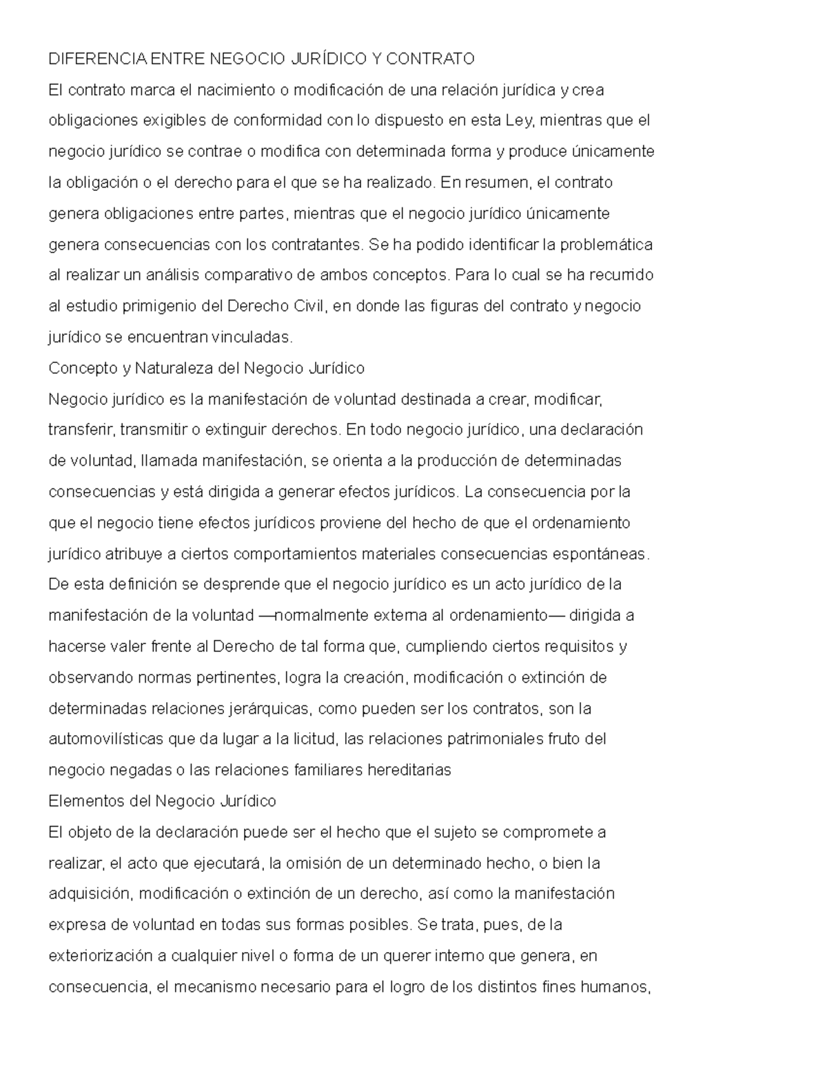 Diferencias Clave entre Negocio Jurídico y Contrato en Derecho Civil - Document Preview