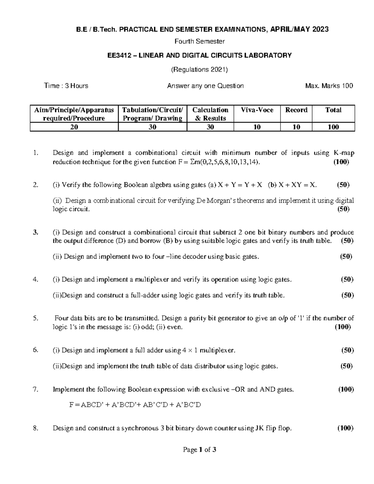 EE3412 Final Exam: Linear & Digital Circuits Lab Practical 2023 - Studocu