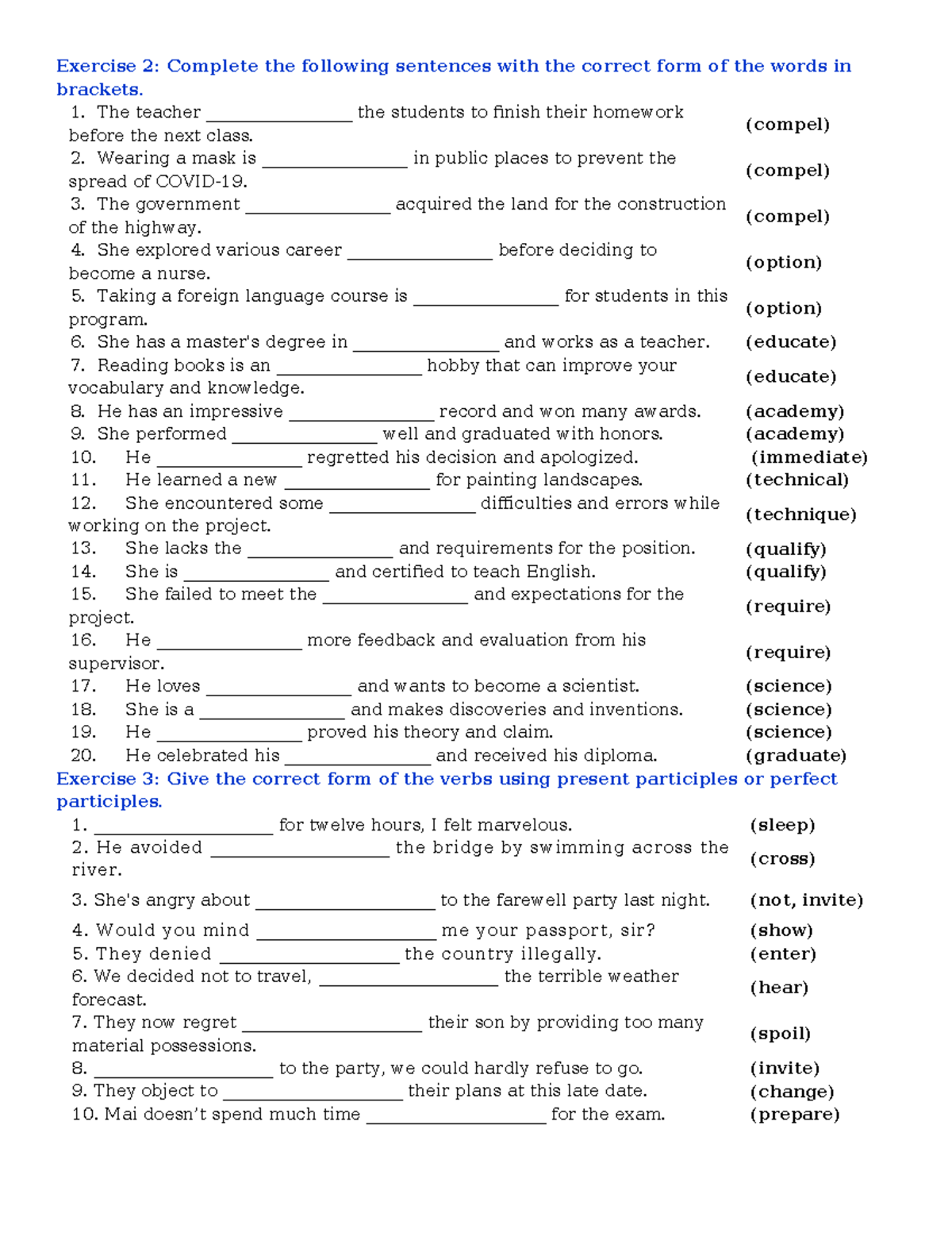 Unit 7: Exercises on Word Forms and Sentence Structure - Studocu