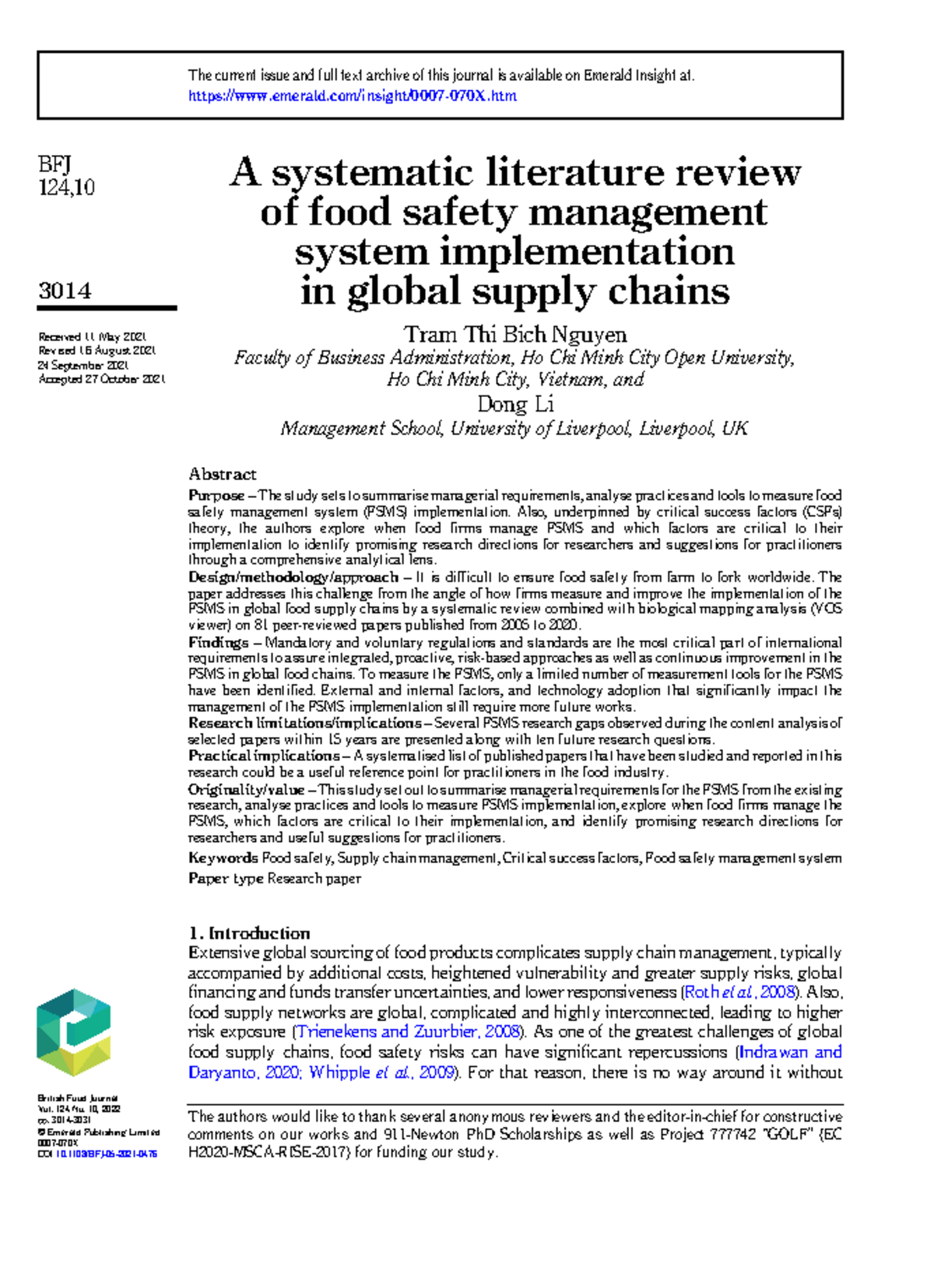 A Systematic Review of FSMS Implementation in Global Supply Chains (BFJ ...