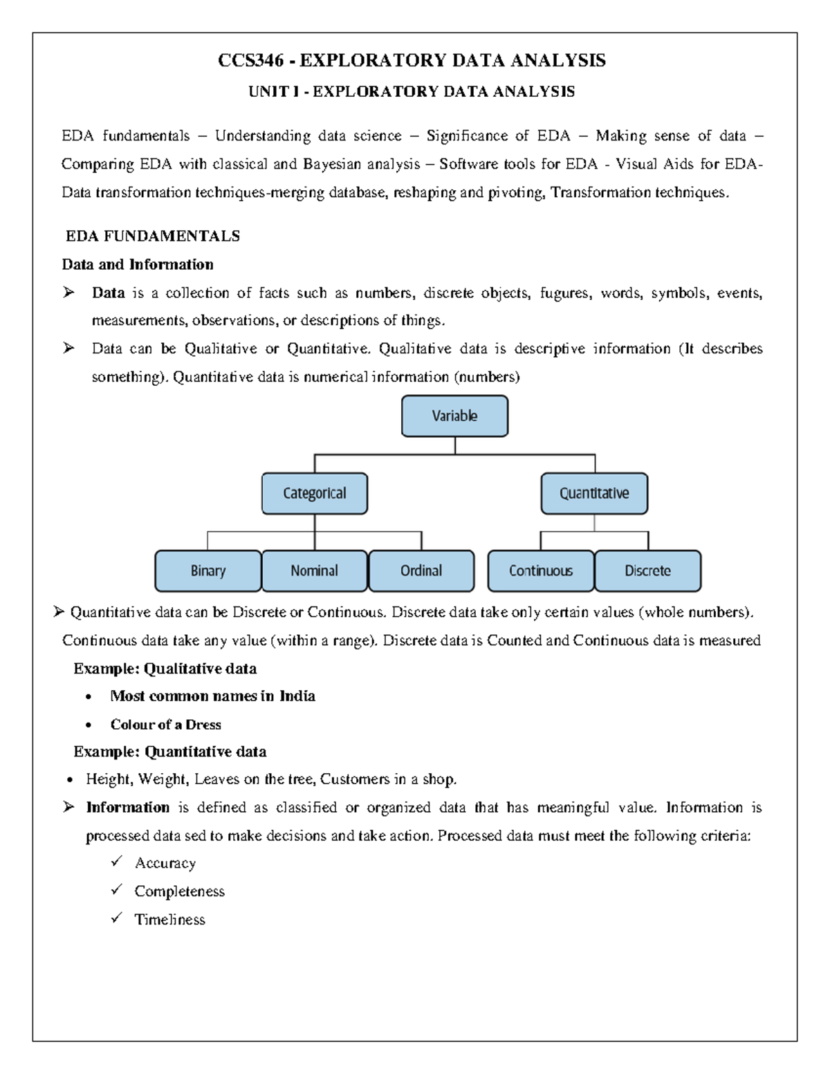 Ccs346 Eda Unit 1 Comprehensive Overview And Key Concepts Studocu