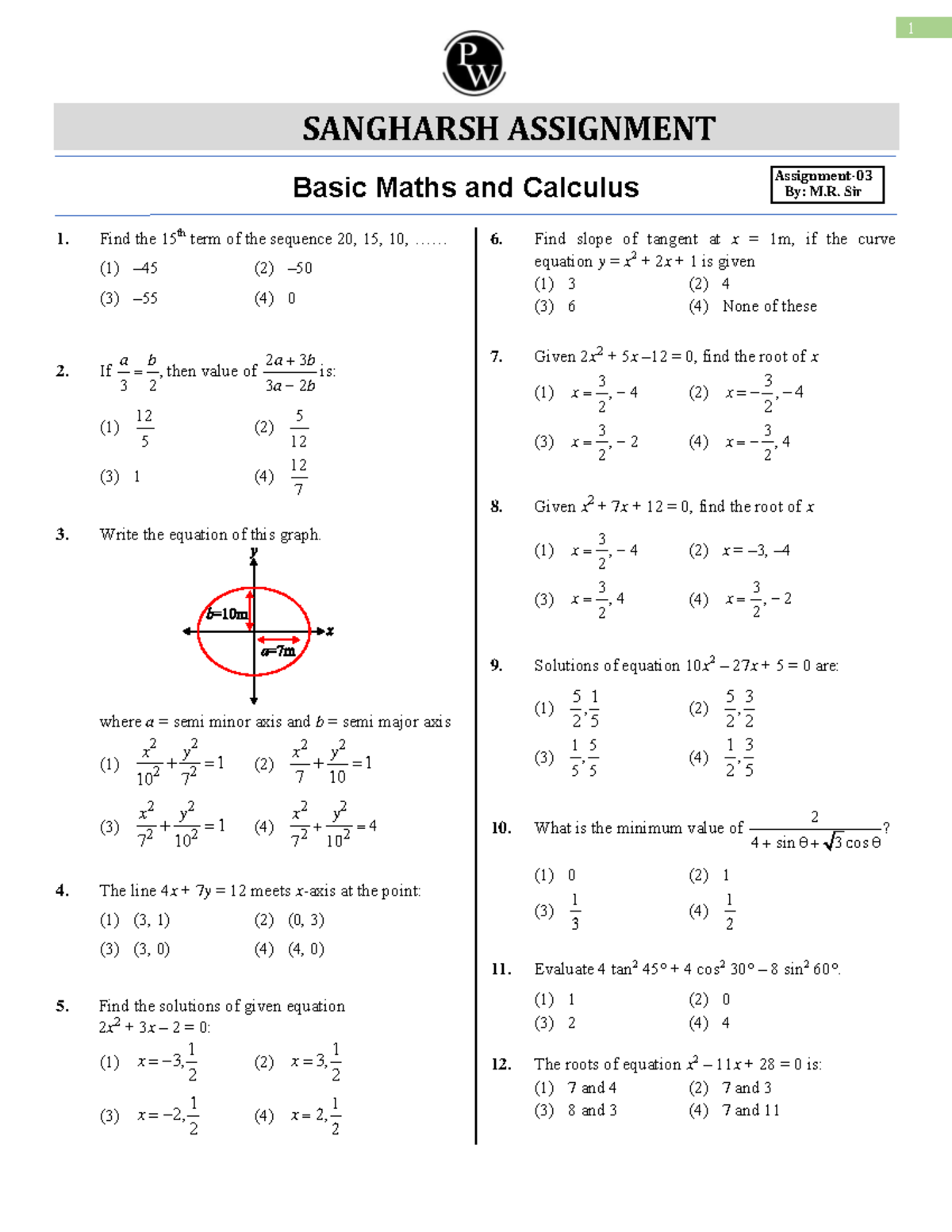Basic Maths and Calculus: Sangharsh Assignment 03 by M.R. Sir - Studocu