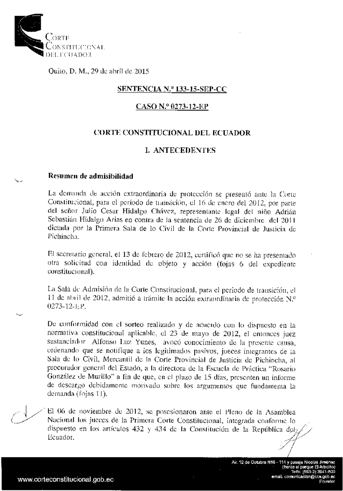 Sentencia N° 133-15-SEP-CC: Análisis del Caso 0273-12-EP en Ecuador ...