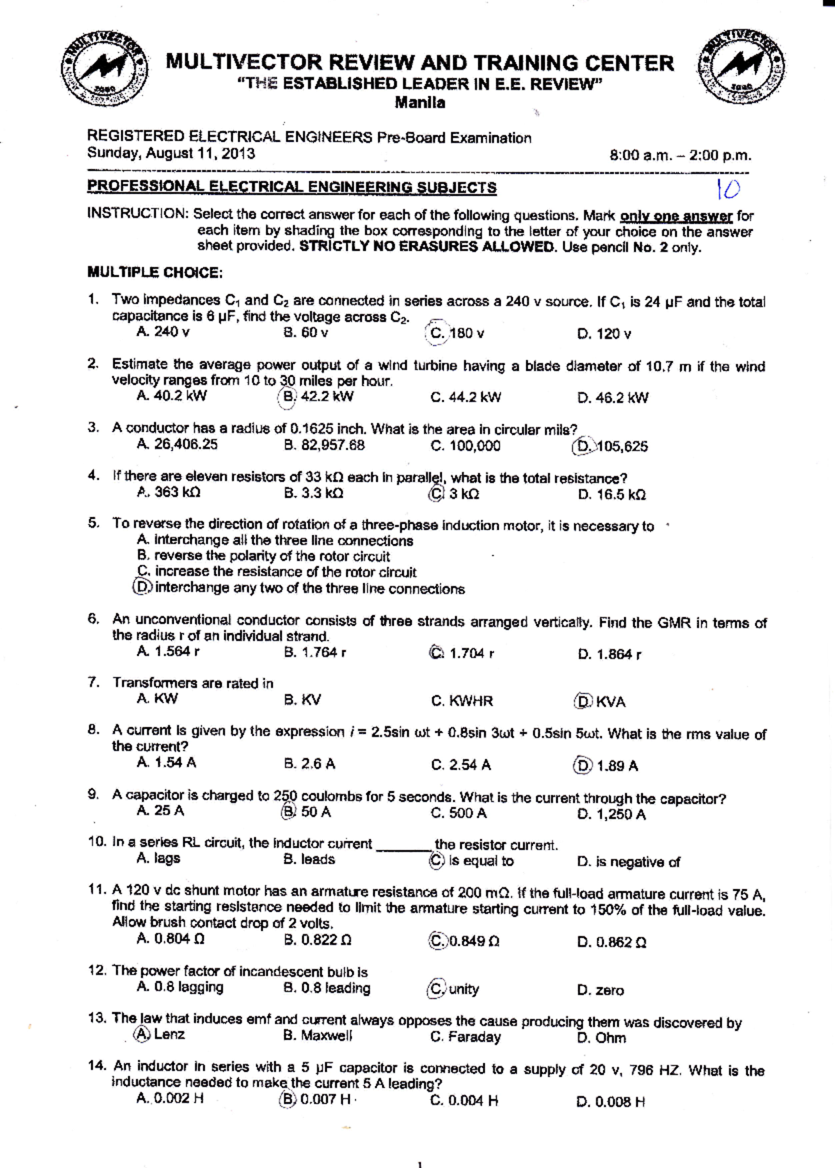 EE Pre Board Exam 10 Review: Electrical Engineering Concepts - Studocu