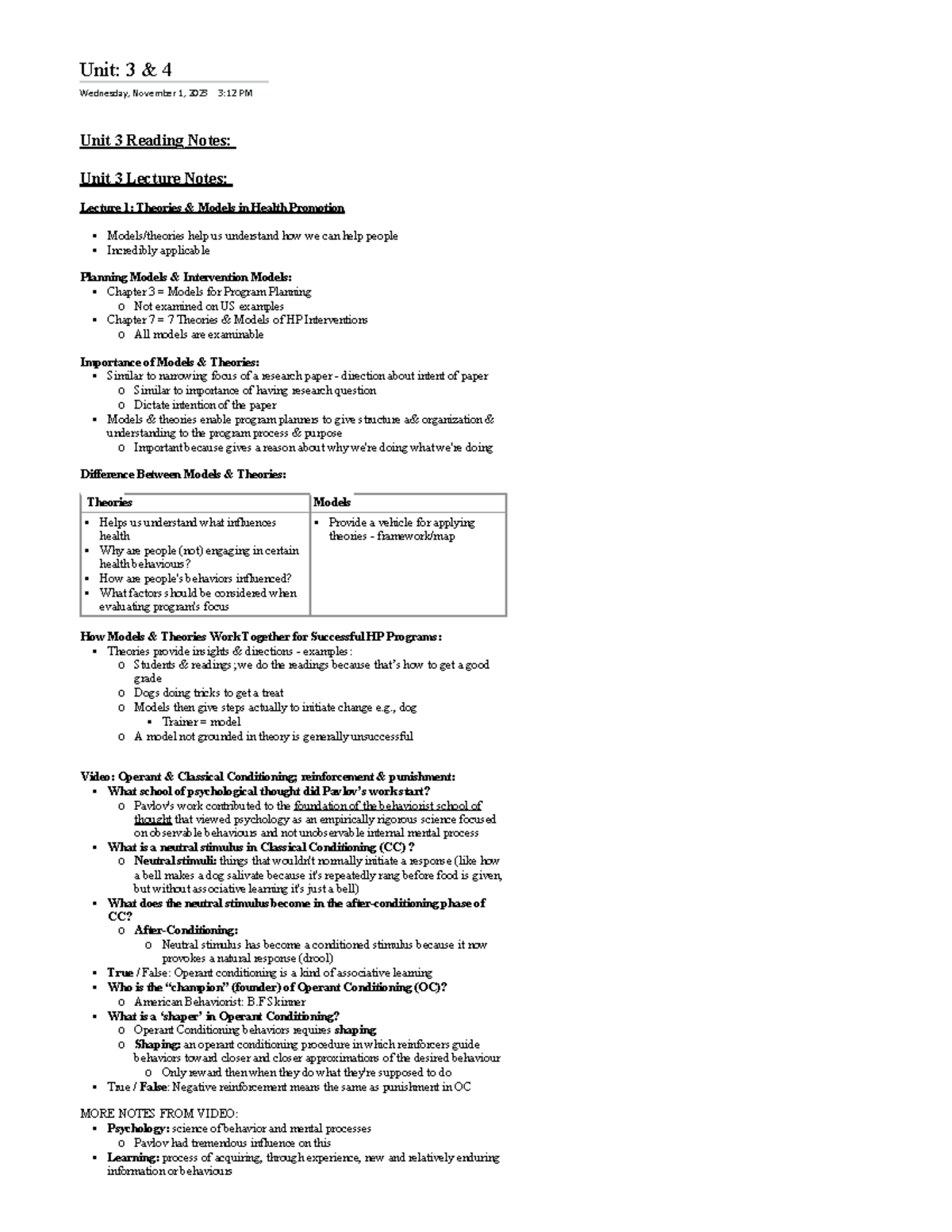 Midterm 2 Study Notes: Health Promotion Theories & Models (HPS 101 ...