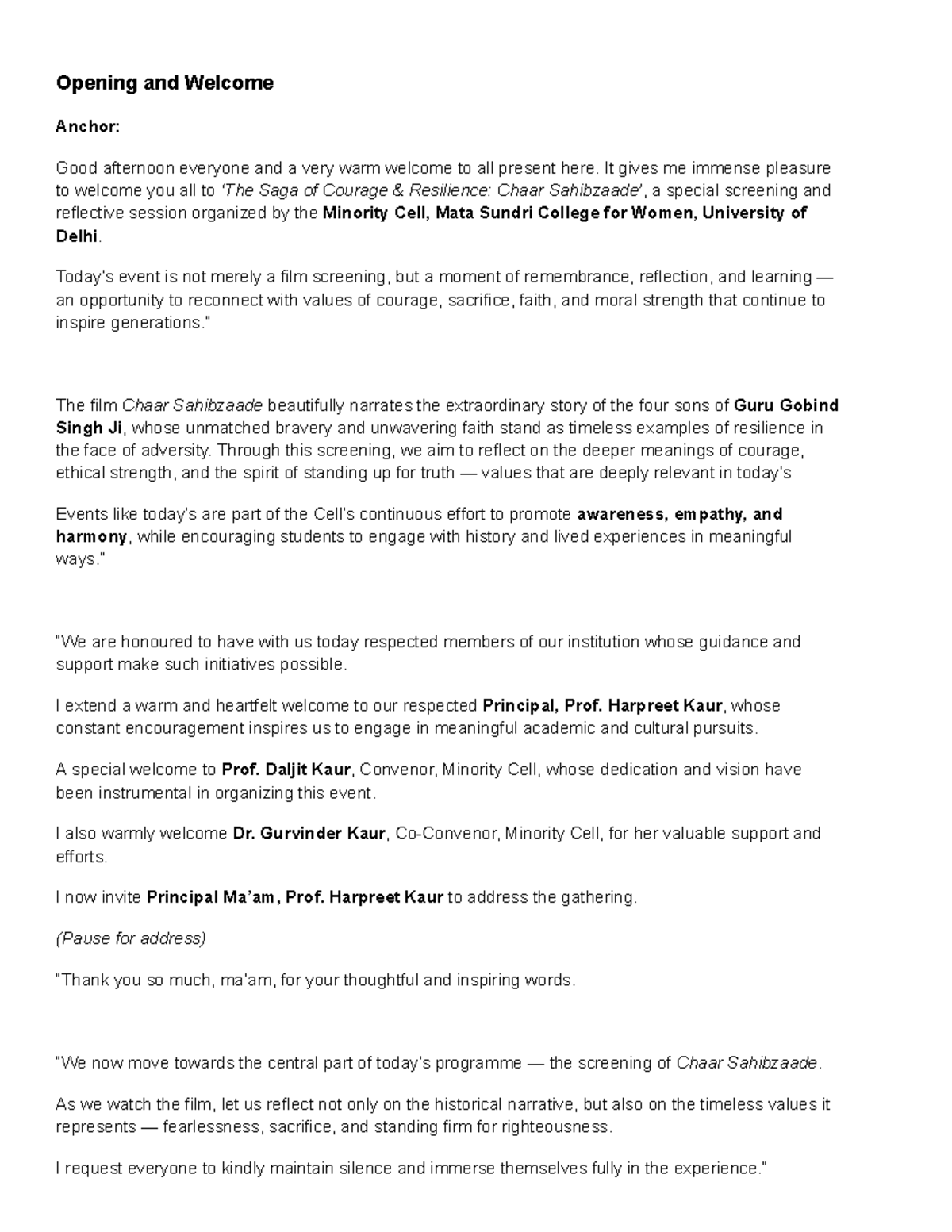 MATA101: Opening and Welcome Script for Chaar Screening Event - Studocu