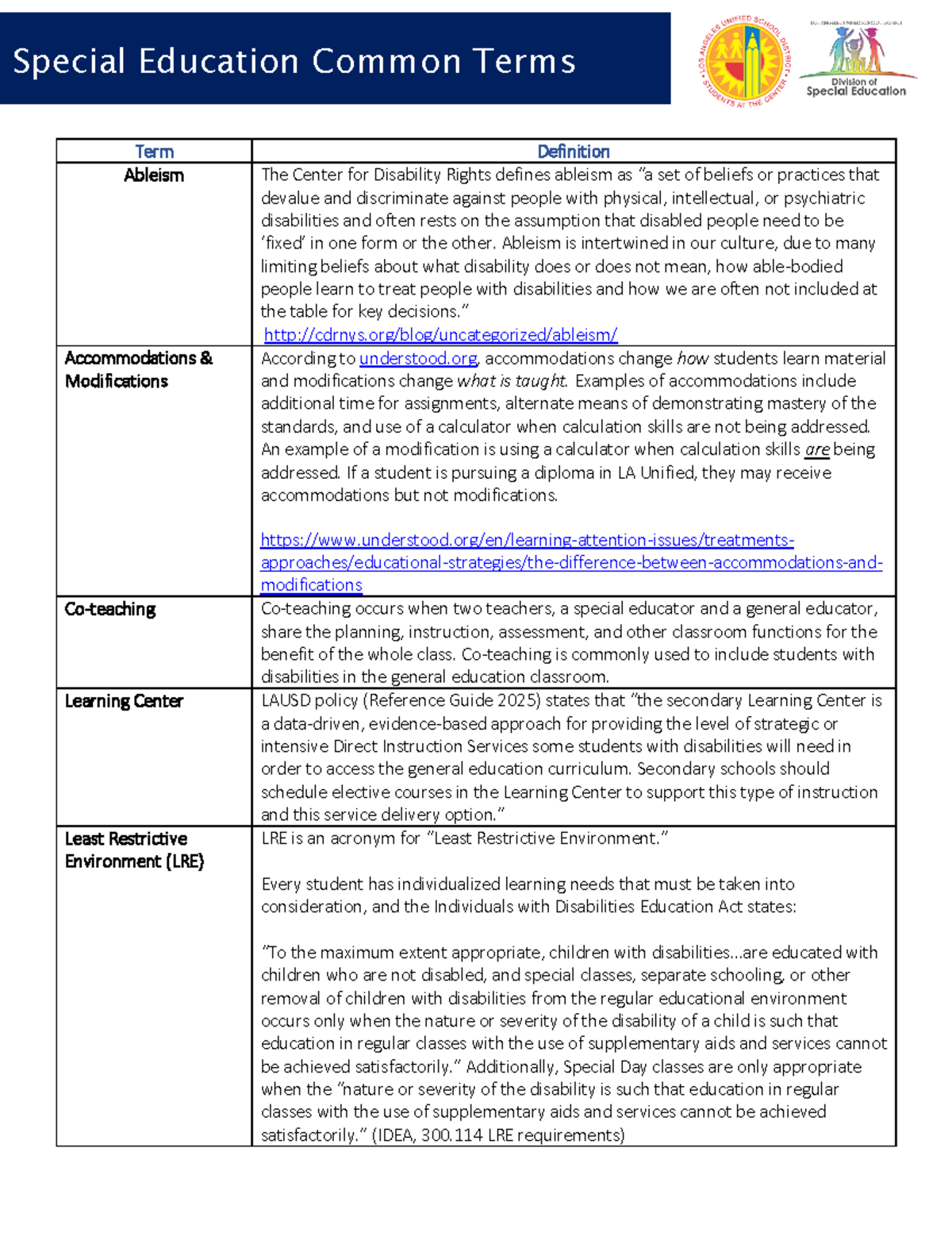 Special Education Common Terms: Understanding Inclusion Concepts - Studocu