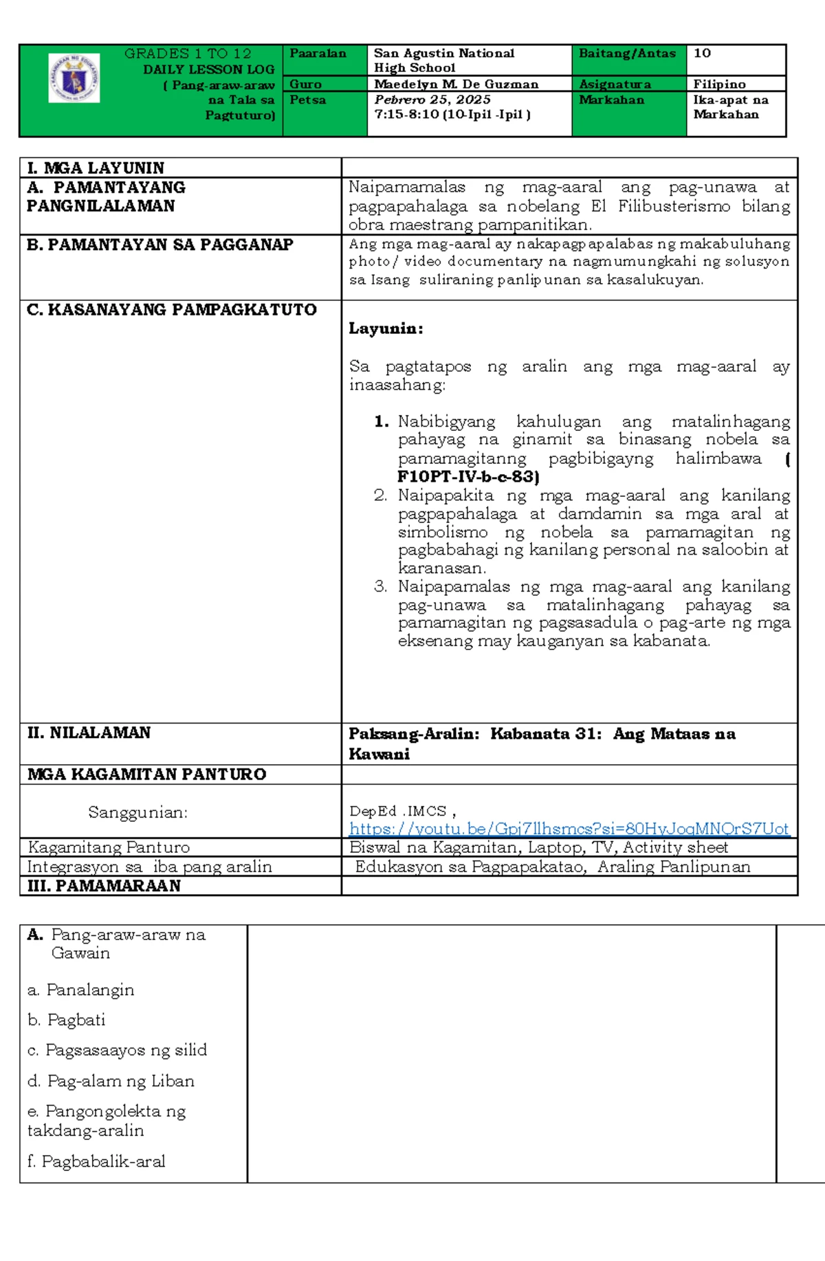 PASKIL: Daily Lesson Log for Grades 1-12 (Final) - Filipino Kabanata 26 ...