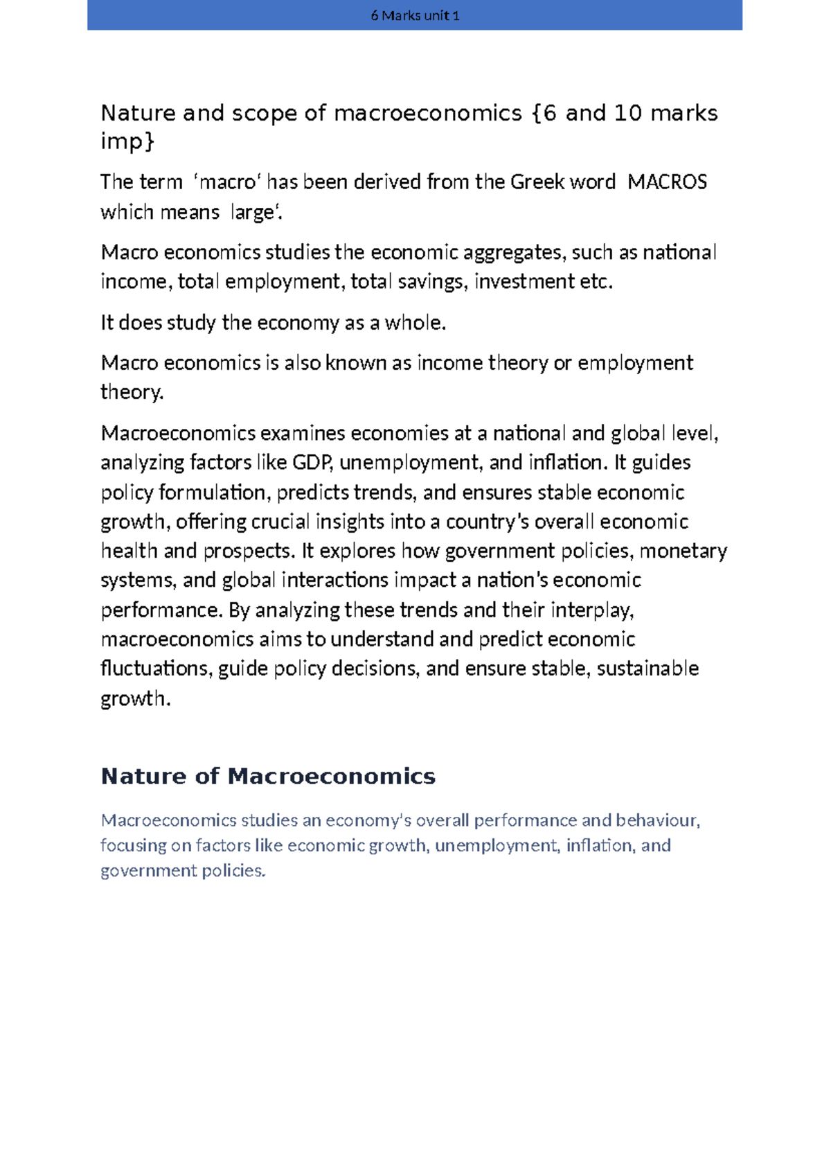 6 Marks Unit 1 - Key Concepts and Short Answer Exam Questions in ...