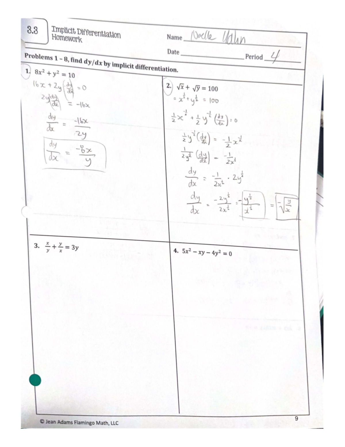 3.3 Implicit Differentiation Homework Problems 1-8 - Studocu