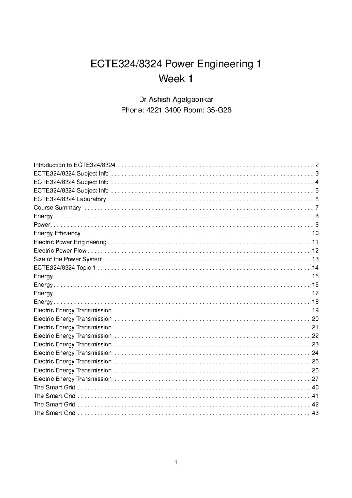 ECTE324/8324 Week 1 Lecture Notes on Power Engineering (2019) - Studocu