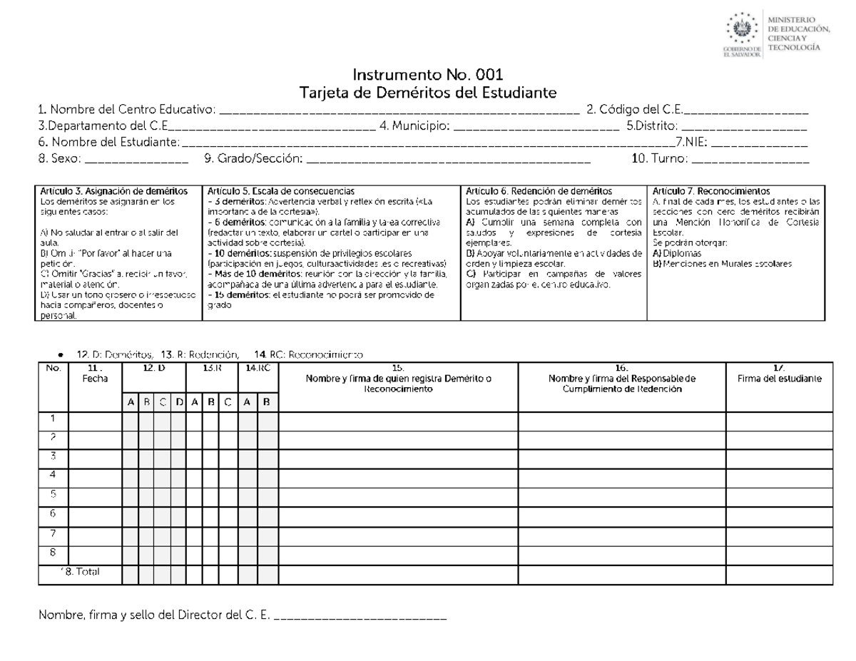 Tarjeta de Deméritos del Estudiante - Instrumento N° 001 - Document Preview