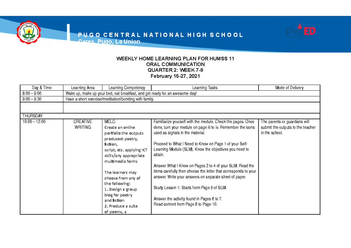 WHLP 7-8: HumSS 11 Creative Writing & Oral Comm. Lesson Plan - Studocu