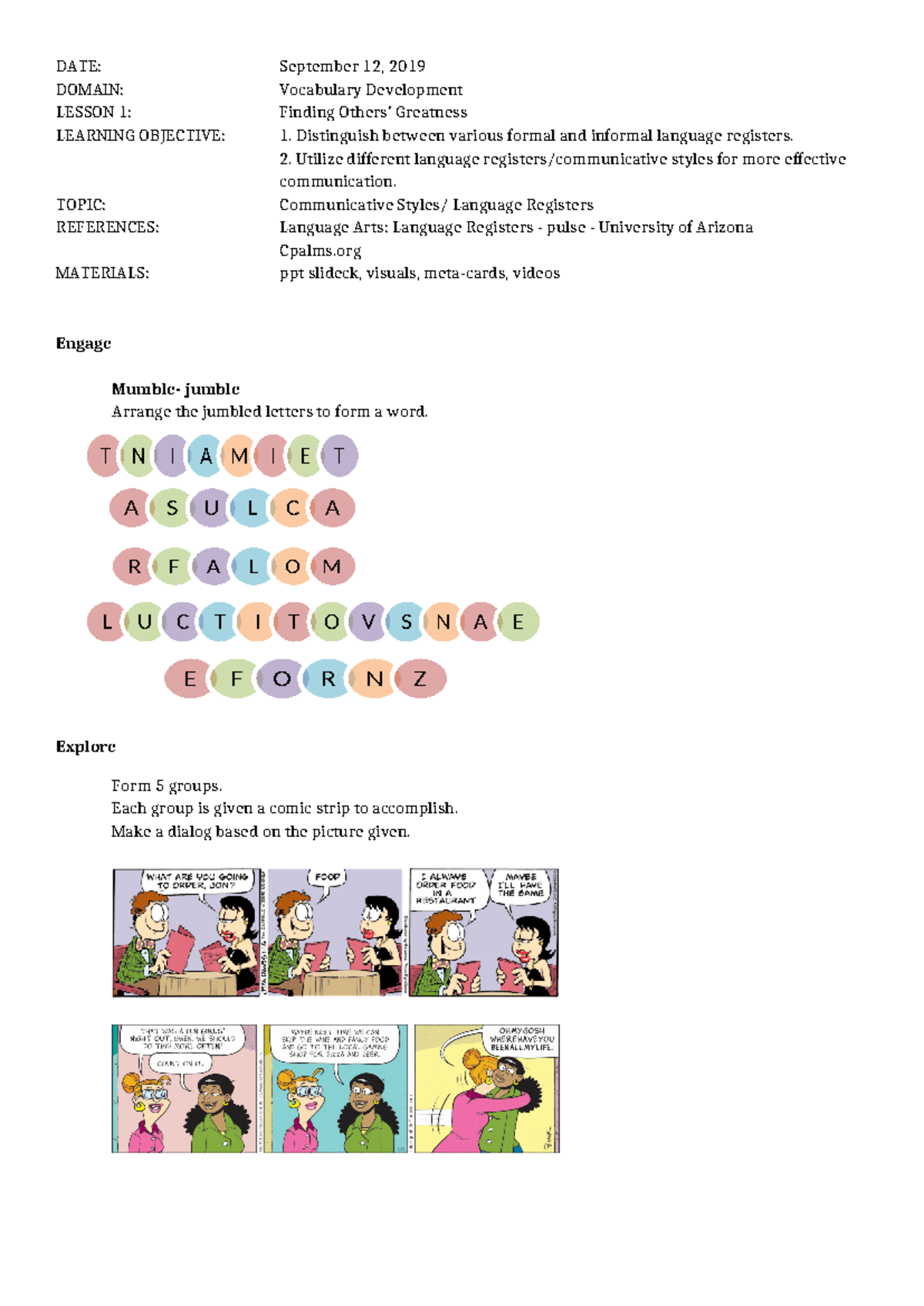 CO2-DLP 4As - Language Registers LP1 comic strips - DATE: September 12 ...