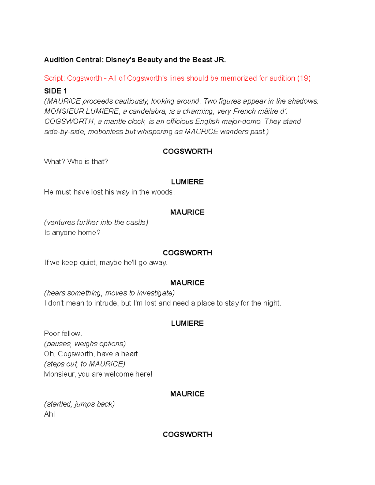 Audition Script for Cogsworth in Beauty and the Beast JR. - Studocu