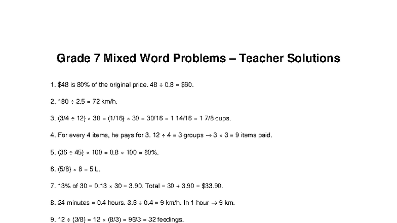 Grade 7 Mixed Word Problems Teacher Solutions - Studocu