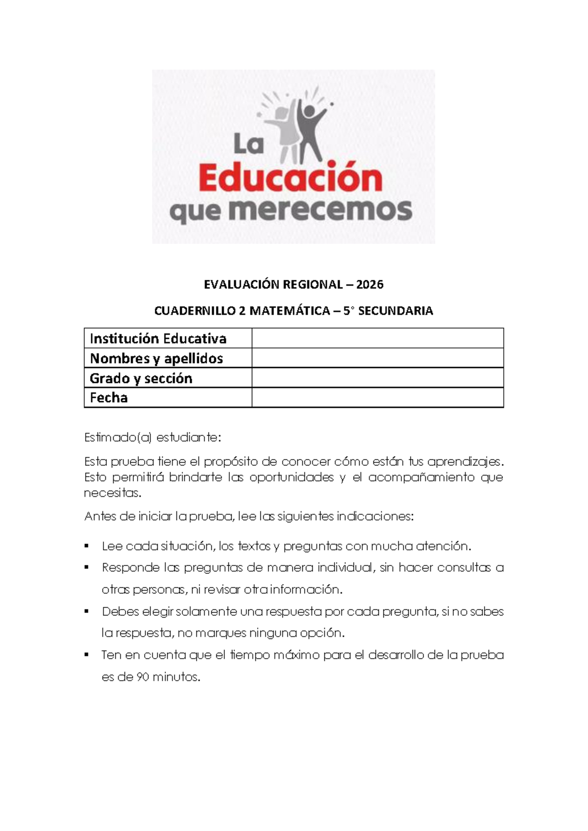 Matemática 5° Secundaria - Evaluación Regional 2026 Cuadernillo 2 - Document Preview