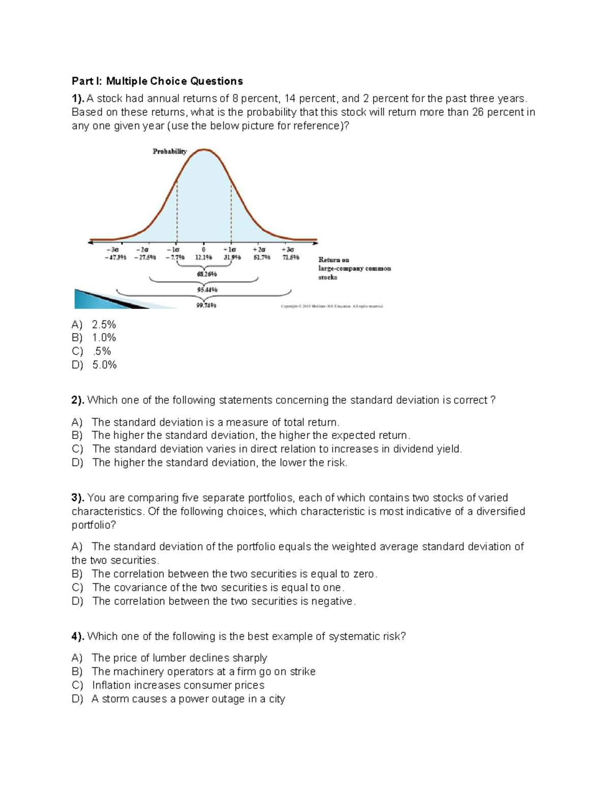 FIN 301: Multiple Choice Questions on Stock Returns and Risk Analysis ...