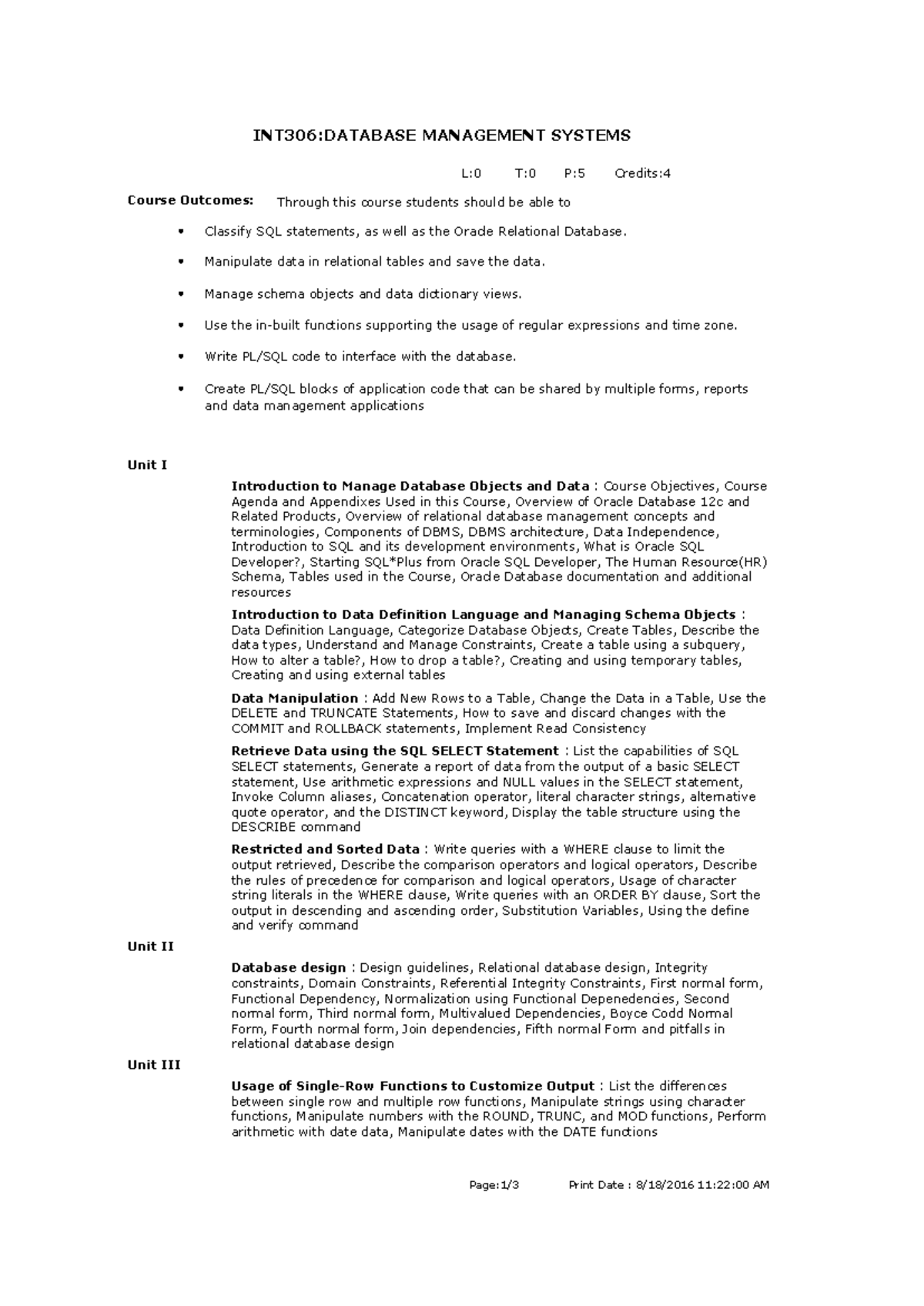 INT306 Database Management Systems Syllabus and Course Overview - Studocu