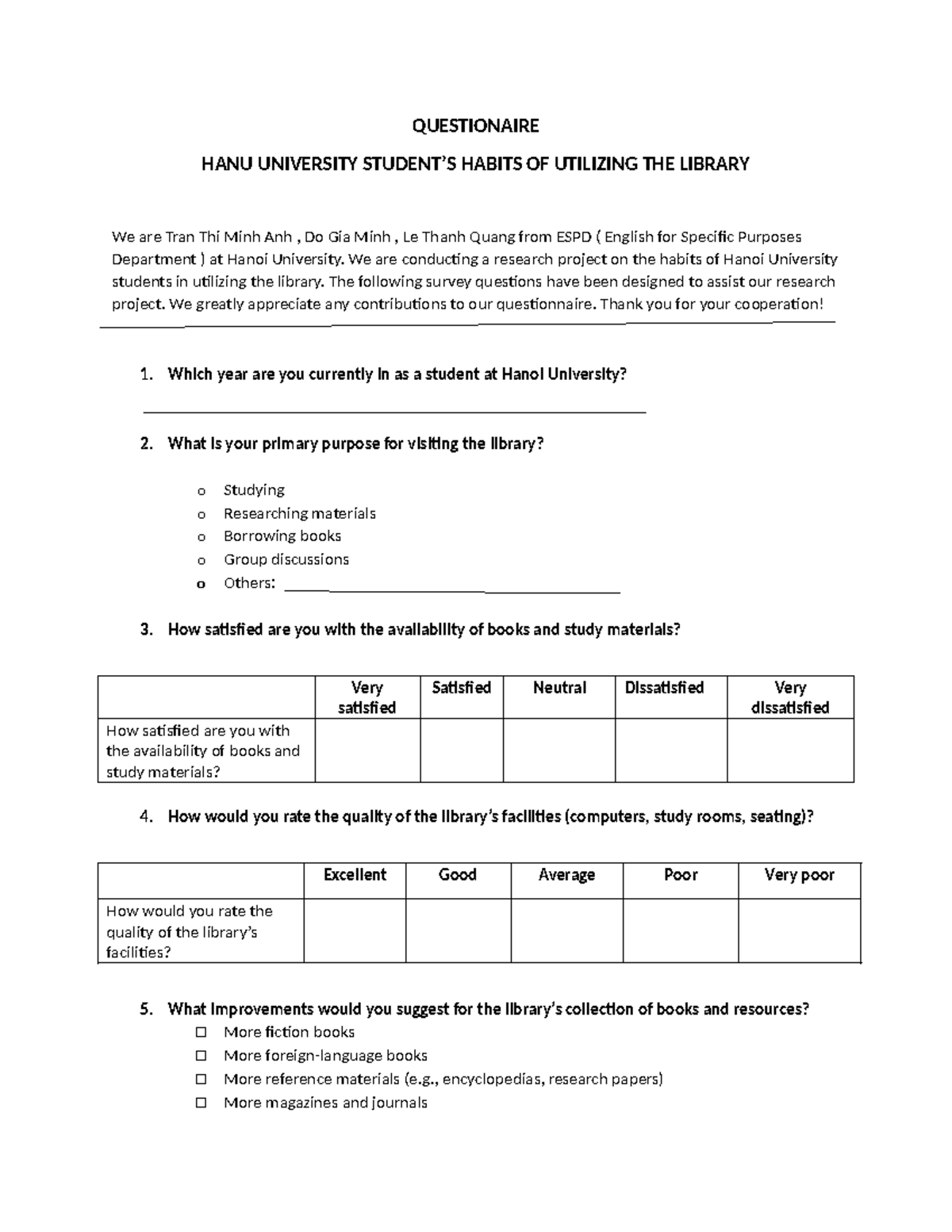 Questionaire - wjkegfewghje - QUESTIONAIRE HANU UNIVERSITY STUDENT’S ...