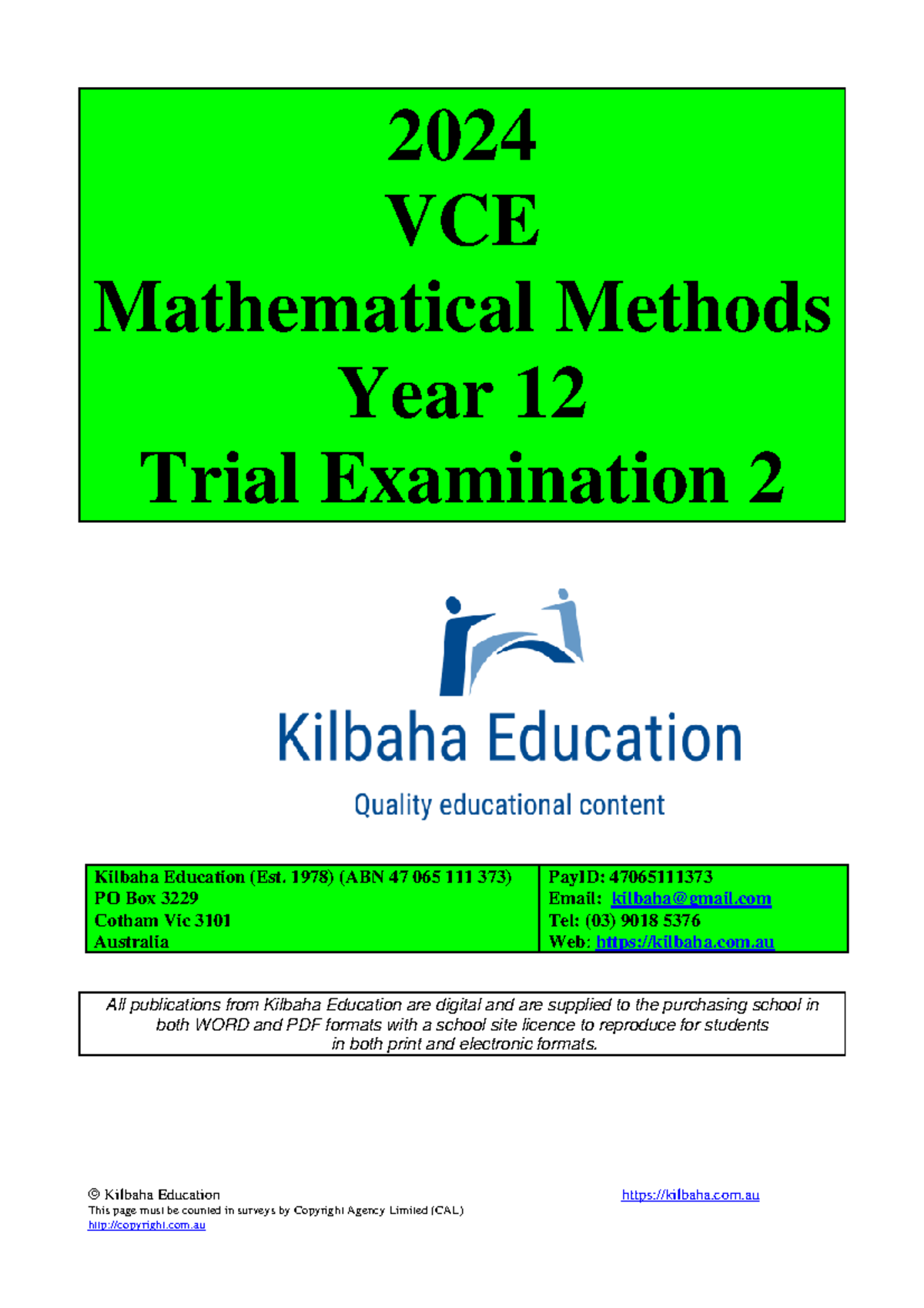 2024 VCE Mathematical Methods Year 12 Trial Exam 2 - Questions ...