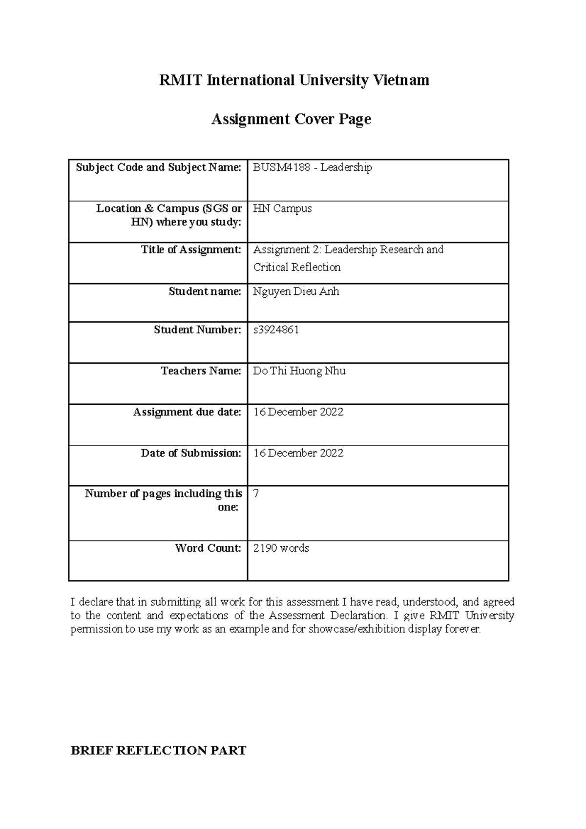 Nguyen Dieu Anh - s3924861 - BUSM4188 - Leadership ASM 2 Reflection ...