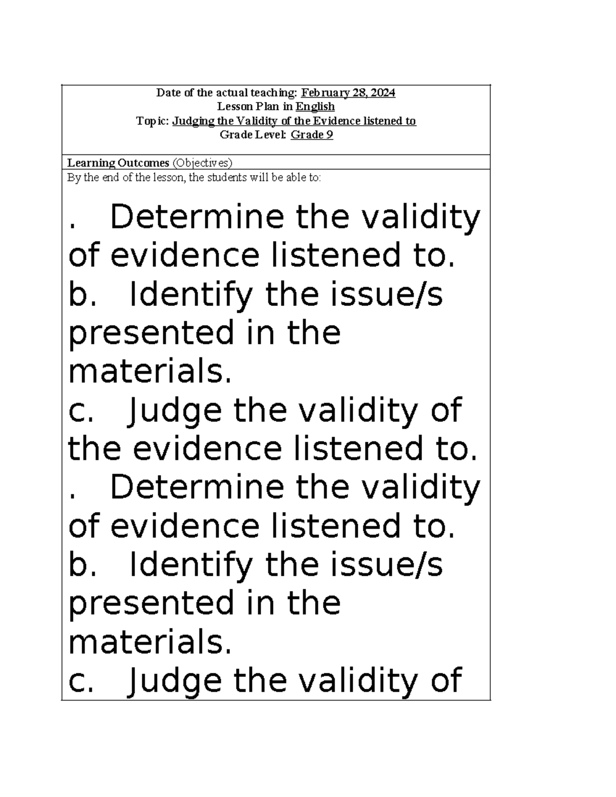 English 9 Lesson Plan: Judging Evidence Validity & Its Importance - Studocu