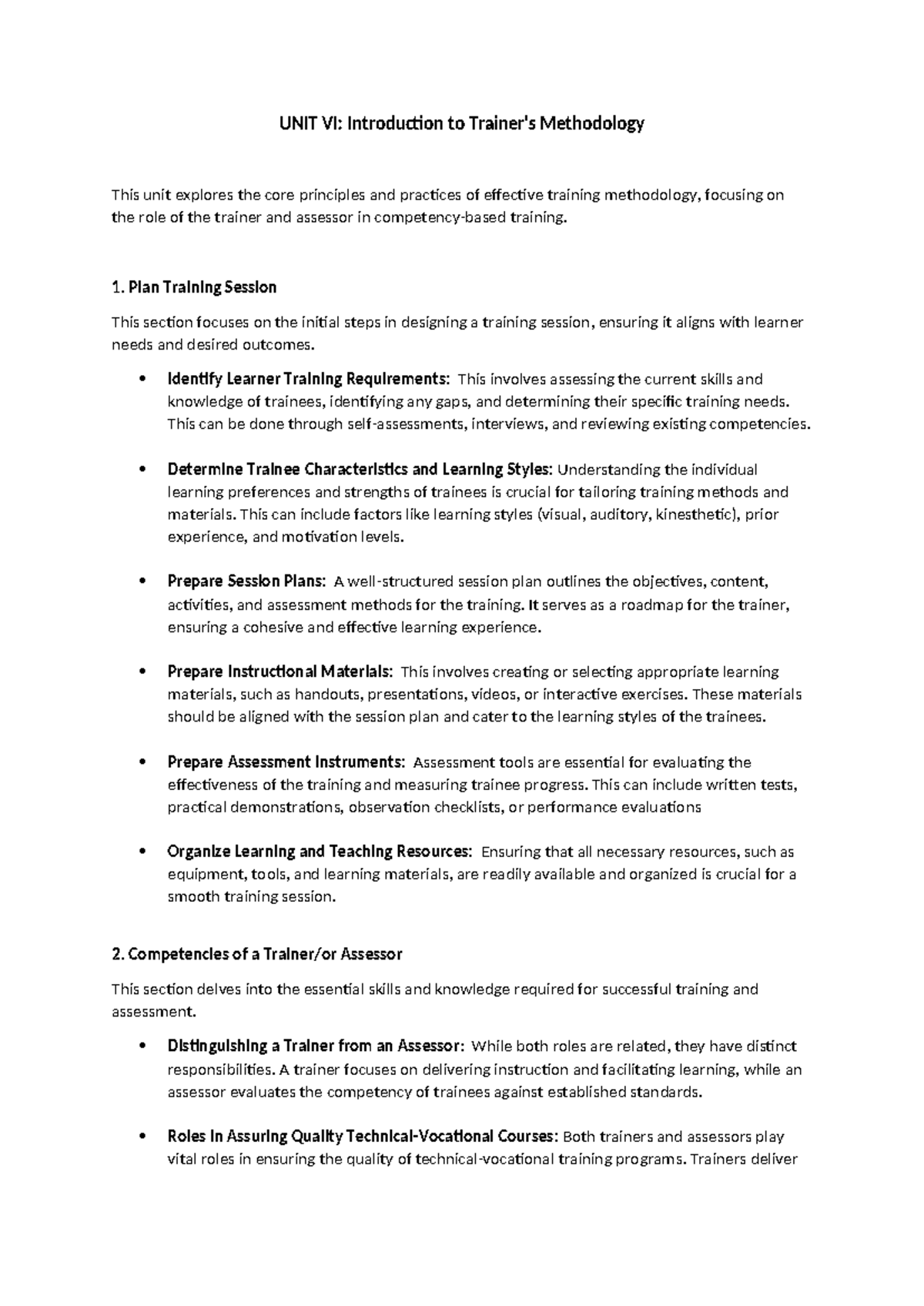 UNIT VI: Trainer's Methodology and Competency-Based Training - Studocu