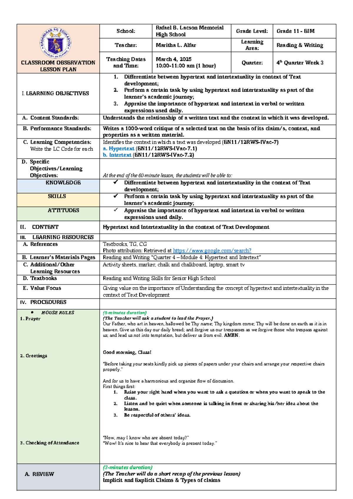 RW L3 Q4 - Hypertext and Intertextuality Lesson Plan for Grade 11 - Studocu