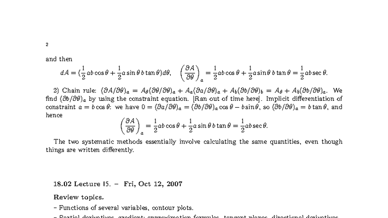 18.02 Lecture 15: Implicit Differentiation & Partial Derivatives - Studocu