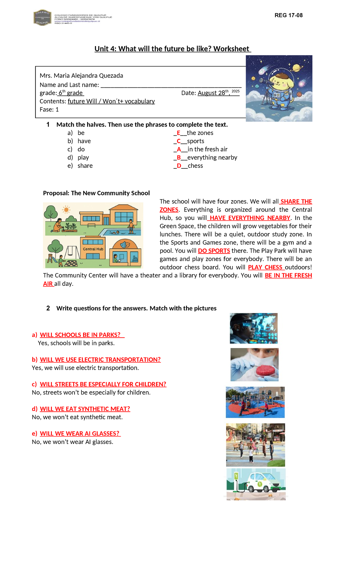 REG Unit 4: Future Predictions Worksheet for 6th Grade - Studocu