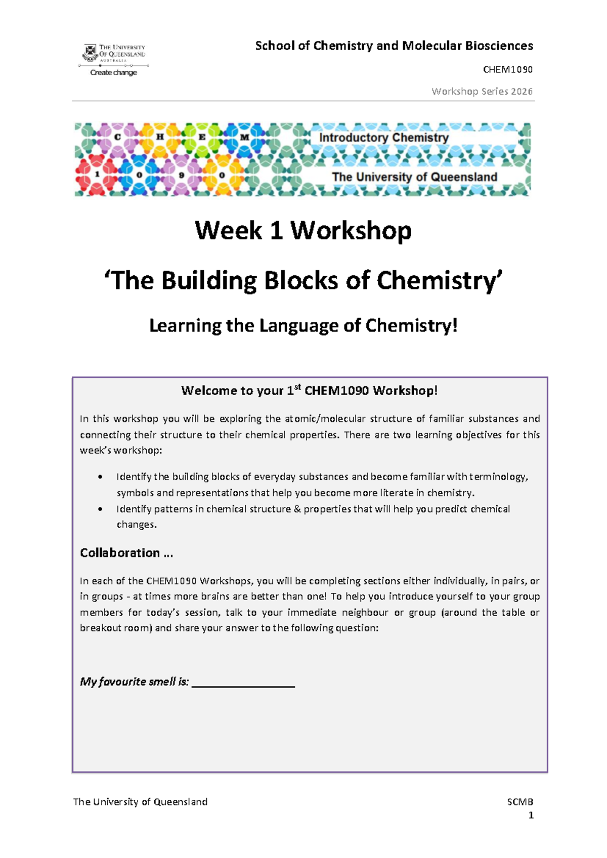 CHEM1090 Workshop 2026 Week 1: Building Blocks of Chemistry - Studocu