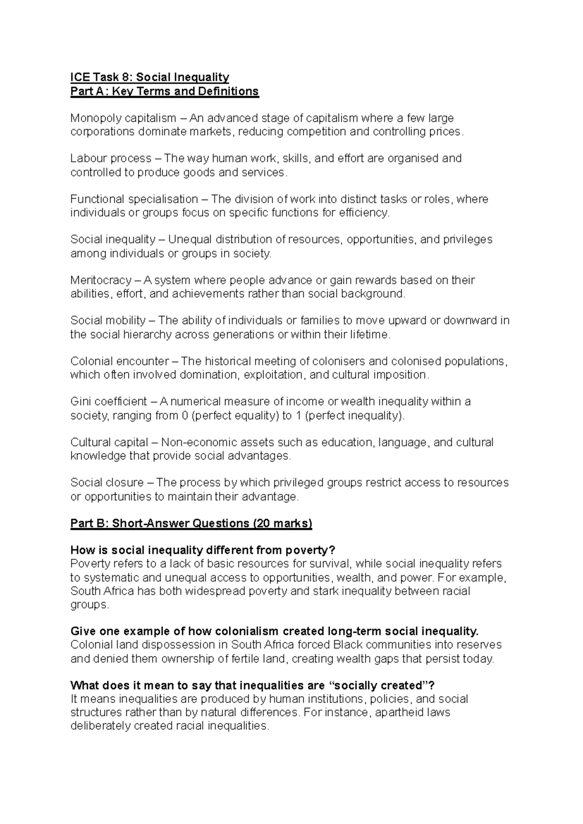 ICE Task 8: Social Inequality Key Terms & Concepts - Studocu