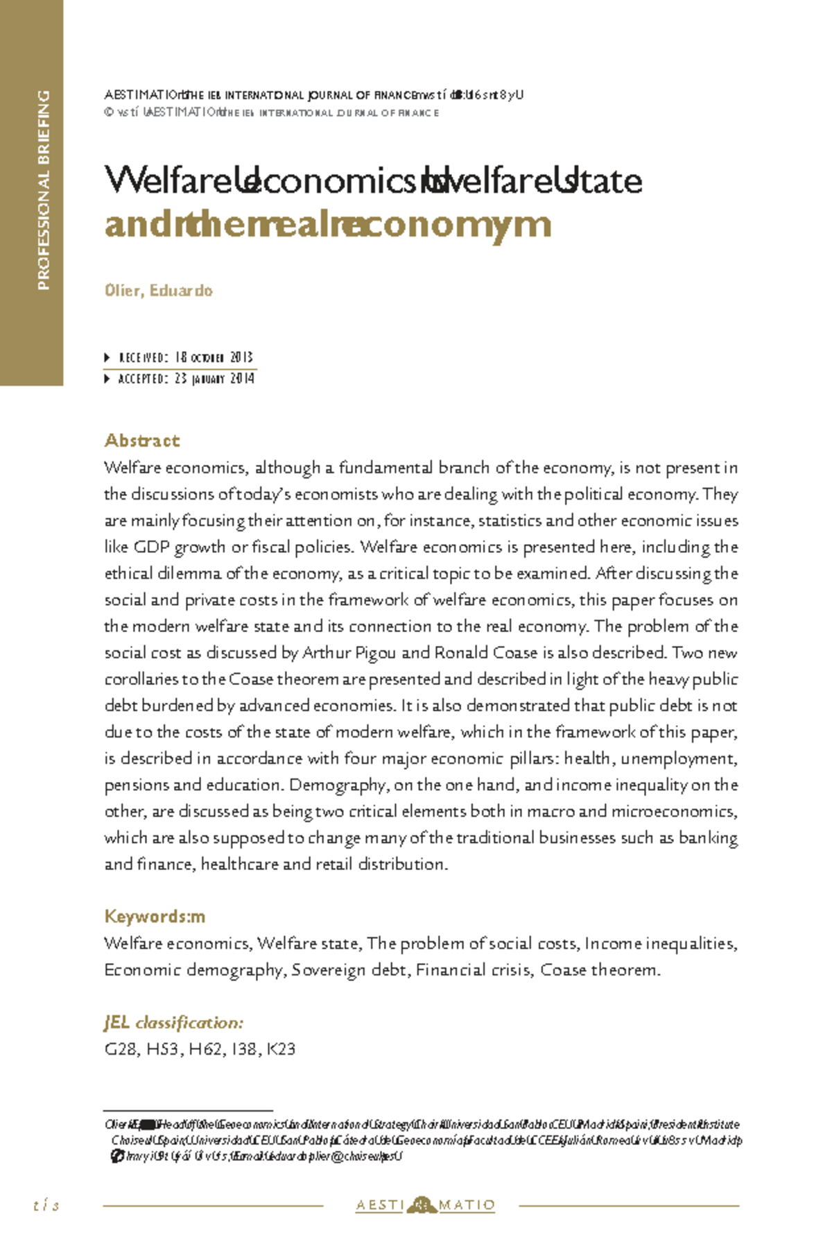 Welfare Economics and the Welfare State: Insights from 2014 (AESTIMATIO ...