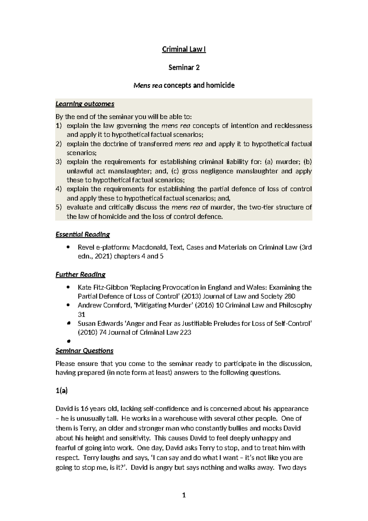 Criminal Law I Seminar 2: Mens Rea Concepts & Homicide Analysis - Studocu