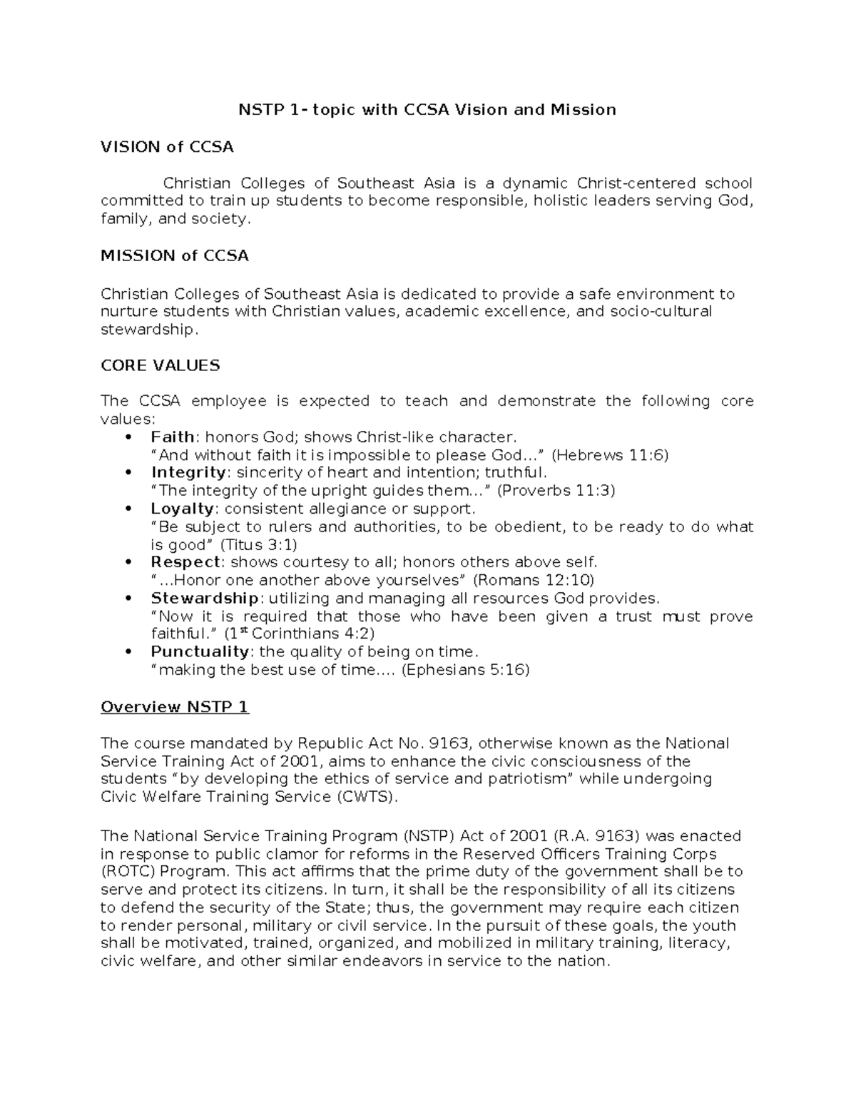 NSTP-1 2024 - Vision, Mission & Core Values of CCSA and NSTP Overview ...